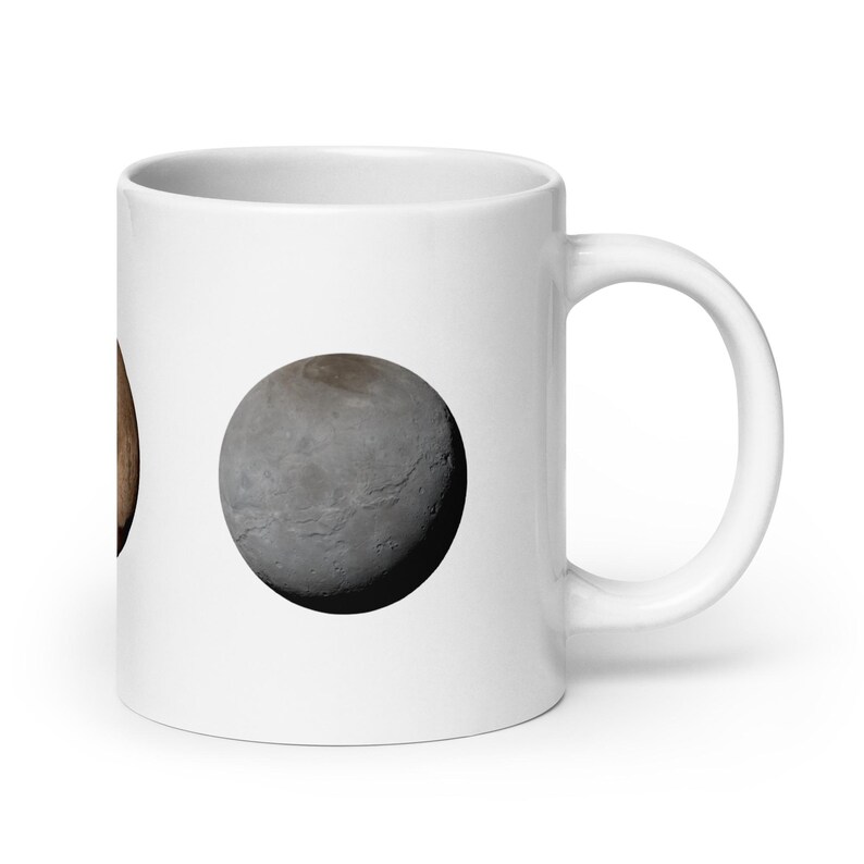 White Glossy Mug - Planets Mercury, Pluto, Charon