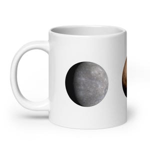 White Glossy Mug - Planets Mercury, Pluto, Charon