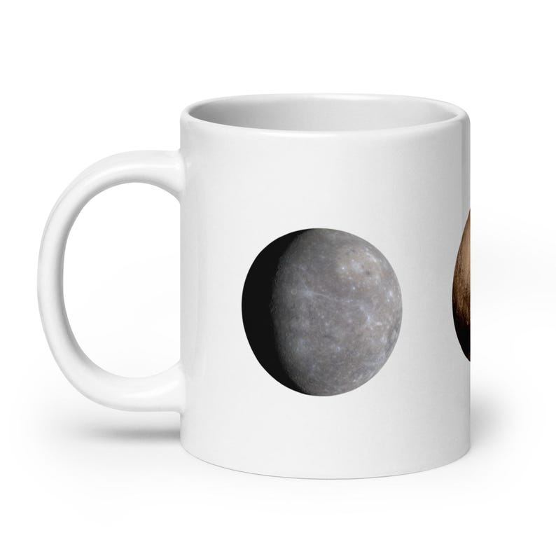 White Glossy Mug - Planets Mercury, Pluto, Charon