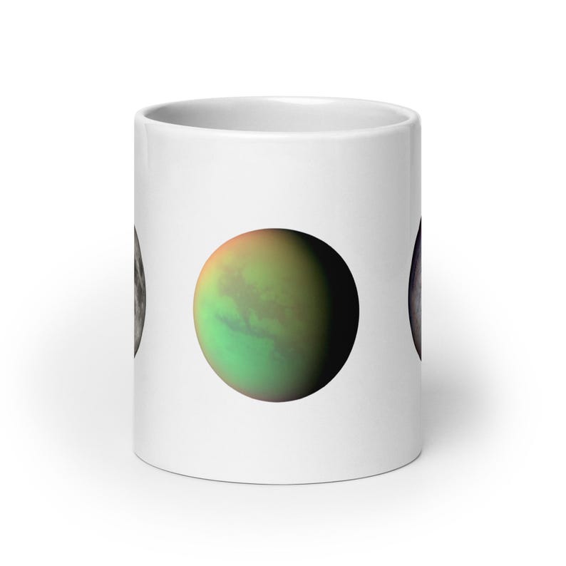White Glossy Mug - The Moon, Titan, Triton