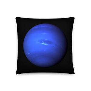 May include: A square throw pillow featuring a deep black background with a large, centered, spherical image of the planet Neptune. The planet is depicted in vibrant shades of blue with subtle, lighter cloud-like atmospheric bands visible.