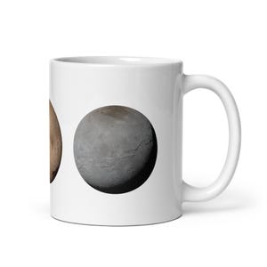 White Glossy Mug - Planets Mercury, Pluto, Charon