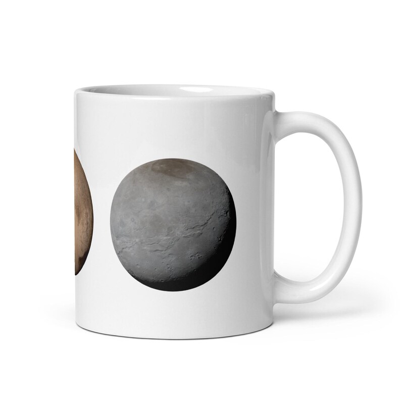 White Glossy Mug - Planets Mercury, Pluto, Charon