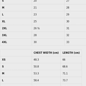 May include: A size guide chart titled Size guide, displaying two tables for garment measurements. The top table lists chest width and length in inches for sizes XS to 4XL. The bottom table provides the same measurements in centimeters.