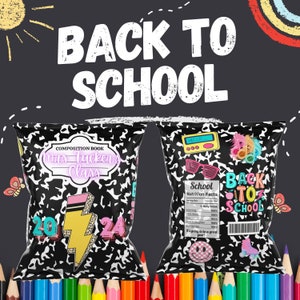Étiquettes de sacs à puces pour la rentrée des années 90, imprimables et personnalisables rétro des années 90, emballages de sacs de cadeaux sur le thème de l'école, imprimables, sacs à puces pour la rentrée des classes