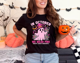 In October We Wear Pink Ghost Shirt, Halloween in October We Wear Pink, Breast Cancer Awareness Shirt, Pink Ribbon Shirt, Wear Pink Pumpkin