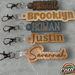 Custom Name Keychain - Personalized Wood Keychain with 17 Stain & 9 Font Options - Custom Gift for Him, Her, Kids, Teachers, Stocking Stuff