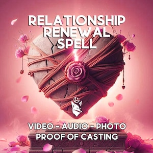 Puede incluir: Gráfico digital con el texto "RELATIONSHIP RENEWAL SPELL" sobre un corazón agrietado atado con hilo rojo y adornado con rosas rosas. Las palabras "VIDEO - AUDIO - PHOTO PROOF OF CASTING" están en la parte inferior, sobre un fondo rosa.