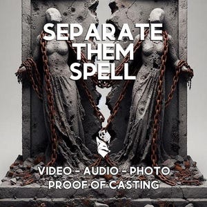 May include: Digital artwork depicting two statues of women, chained and set against a cracked stone background. The text reads "SEPARATE THEM SPELL", with additional text: "VIDEO - AUDIO - PHOTO PROOF OF CASTING".