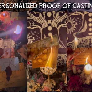 May include: A collage of three images showing a ritual setup with candles, dried flowers, and handwritten notes on paper. One note reads 'Powerful Love Spell' and another 'Restore Relationship Spell'. A hundred-dollar bill is held near a flame.