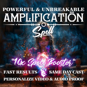 Może przedstawiać: Kobieta w różowej i fioletowej sukience trzyma świecącą kulę w dłoniach. Tekst "Powerful & Unbreakable Amplification Spell" znajduje się w górnej części obrazu. Tekst "10x Spell Booster" znajduje się w różowym kole pod kobietą. Tekst "Fast Results Same Day Cast Personalize Video & Audio Proof" znajduje się w dolnej części obrazu.