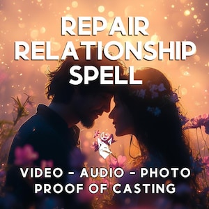 Puede incluir: Silueta de una pareja abrazándose en un campo de flores con un brillo dorado. El texto "Repair Relationship Spell" está en la parte superior de la imagen. El texto "Video - Audio - Photo Proof of Casting" está en la parte inferior de la imagen.