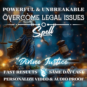 May include: A digital illustration of a blindfolded woman holding a scale, a gavel, and a crescent moon. The text "POWERFUL & UNBREAKABLE ÖVERCOME LEGAL ISSUES Spell "Divine Justice" FAST RESULTS SAME DAY CAST PERSONALIZE VIDEO & AUDIO PROOF" is displayed on the image.
