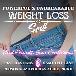 Könnte beinhalten: Eine Frau hält eine Jeans hoch, die ihr zu groß ist. Der Text auf dem Bild lautet "Powerful & Unbreakable Weight Loss Spell" und "Shed Pounds, Gain Confidence". Das Bild enthält auch den Text "Fast Results", "Same Day Cast" und "Personalize Video & Audio Proof".