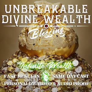 May include: A gold bag overflowing with gold coins, with the text "Unbreakable Divine Wealth Blessing" and "Infinite Wealth" on the image. The text "Fast Results", "Same Day Cast", and "Personalize Video & Audio Proof" is also on the image.