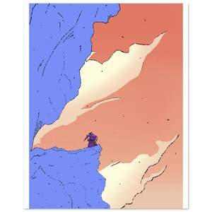 Op de afbeelding: Een minimalistische illustratie van een figuur in paarse gewaden op een blauwe klif, die naar een zonsondergang kijkt. De lucht gaat over van perzik naar oranje, met een paar wolken. Het kunstwerk gebruikt gedurfde contouren en een beperkt kleurenpalet.