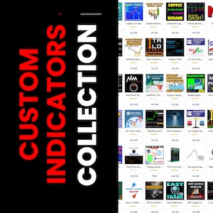 May include: A black background with the words "CUSTOM INDICATORS COLLECTION" in red and white. The image displays a grid of various trading indicators with their names and prices.
