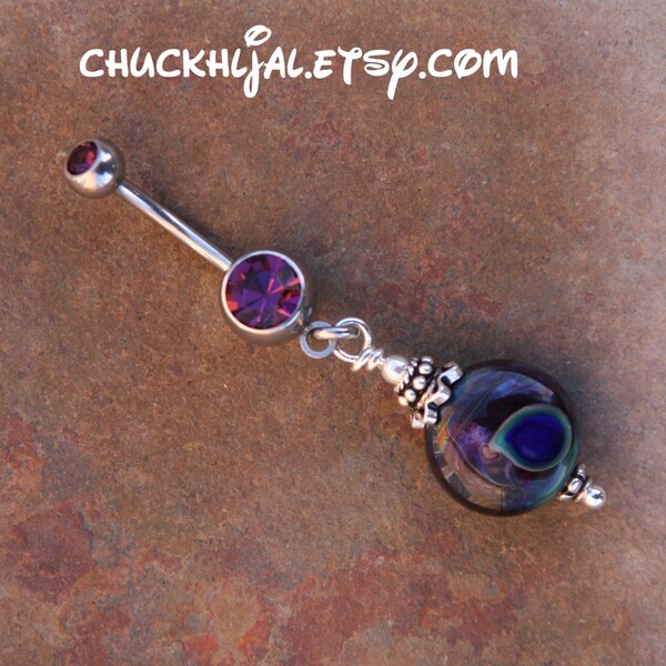 Purple Peacock Blue Feather Lampwork SRA DeSIGNeR Belly Button Ring Navel Piercing Tattoo