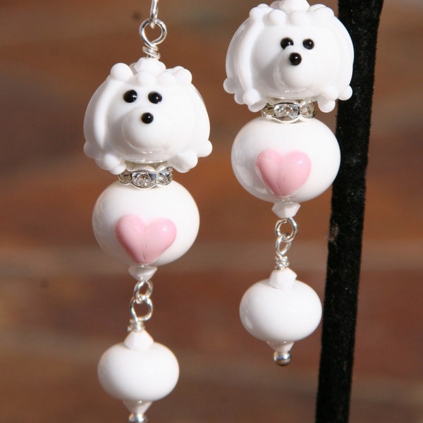 White Maltese Poodle SRA Lampwork DeSIGNeR EaRrINgS Sterling Silver 50s maltipoo puppy dog akc