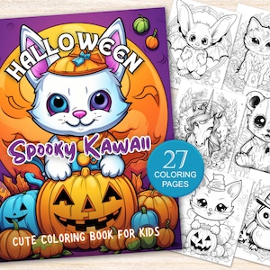 May include: A coloring book cover featuring a cute white cat wearing a hat and holding a jack-o-lantern. The cover is purple with the words "Halloween Spooky Kawaii" and "27 Coloring Pages".