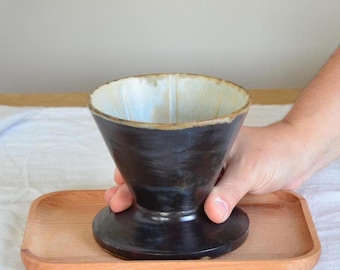 Könnte beinhalten: Ein schwarzer Keramik-Kaffee-Filteraufsatz mit hellblauem Innenraum, auf einem Holztablett. Der Filter wird von einer Hand gehalten. Kaffeebohnen sind im Hintergrund zu sehen.