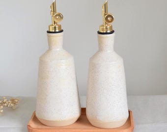Speckled oil cruet handmade olive oil bottle set for kitchen, 400 ml/13oz ceramic oil bottle for cooks, pottery cruet gift for home chefs