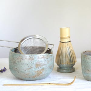 Ceramic matcha set for morning rituals matcha bowl with spout handmade tea kit with whisk japanese chawan for self care in greenish blue