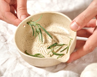 Pottery herb stripper bowl garlic grater with spout – handmade ceramic kitchen tool