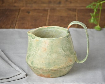 Handmade Speckled Ceramic Pitcher Vase: Green Water Jug (33.8 oz / 1 l)