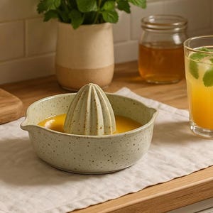 Puede incluir: Un exprimidor de cítricos de cerámica con un acabado moteado verde claro, lleno de zumo de naranja. Media naranja, un vaso de zumo con menta y una pequeña planta en maceta también son visibles en una encimera de madera.