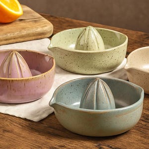 May include: Four ceramic citrus juicers in pastel colors: pink, green, blue, and beige. Each juicer has a conical reamer in the center and a spout. The juicers are on a wooden table with an orange and cutting board in the background.