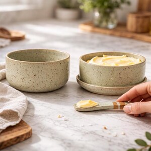 Peut inclure: Deux beurriers en céramique tachetée, l'un rempli de beurre jaune, et un couteau à beurre assorti. Les plats sont vert clair avec des mouchetures marron. Le couteau à beurre a un manche vert clair avec des rayures marron et blanches.