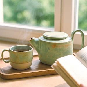 Green tea set, handmade teapot ceramic set, perfect gift for tea lovers, ceramic gift for afternoon tea, 16 oz / 450 ml