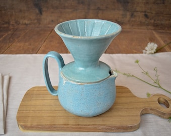 Handmade Ceramic Pour Over Coffee Set, Blue Dripper, 15oz Pitcher