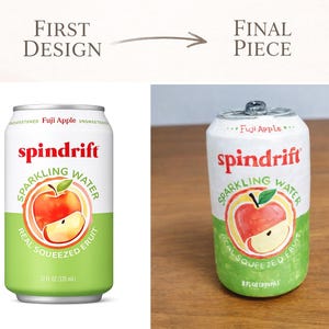 May include: An image showing the design process of a Spindrift sparkling water can. The final piece is a painted replica of the can, which features the text "spindrift" in red, with "sparkling water" and "real squeezed fruit" in a green and white design.