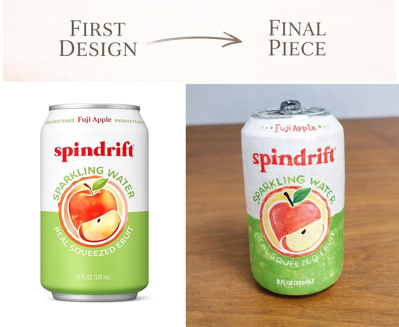 May include: An image showing the design process of a Spindrift sparkling water can. The final piece is a painted replica of the can, which features the text "spindrift" in red, with "sparkling water" and "real squeezed fruit" in a green and white design.