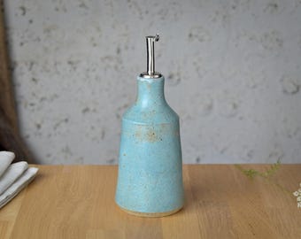 Handmade Ceramic Olive Oil Dispenser: Stoneware Pottery, Rustic Blue