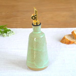 Ceramic olive oil dispenser set, oil and vinegar set in matching glossy lime glaze, handmade kitchen gift, rustic slow living kitchenware
