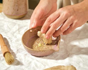 Handmade Ceramic Garlic Grater with Herb Stripper & Spout, Pink Lilac Glaze