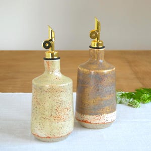 Ceramic Olive Oil Cruet, Oil Vinegar Dispenser, Kitchen Decor, Housewarming Gift, Oil Bottle in moss gray and plum stone, 12oz / 350 ml