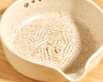 Ceramic garlic grater with spout and herb stripper speckled white grating bowl handmade prep dish for garlic ginger and salad dressing