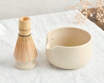 Large matcha bowl with spout handmade ceramic chawan in speckled beige stoneware matcha bowl for mindful tea rituals gift set matcha kit