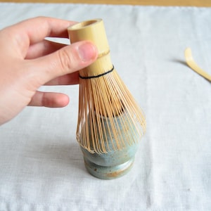 Ceramic matcha set for morning rituals matcha bowl with spout handmade tea kit with whisk japanese chawan for self care in greenish blue image 12