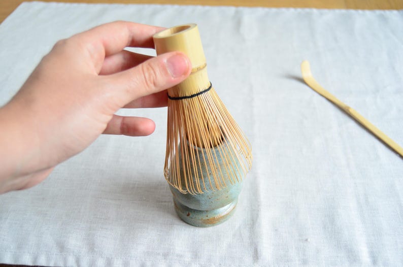 Ceramic matcha set for morning rituals matcha bowl with spout handmade tea kit with whisk japanese chawan for self care in greenish blue image 12