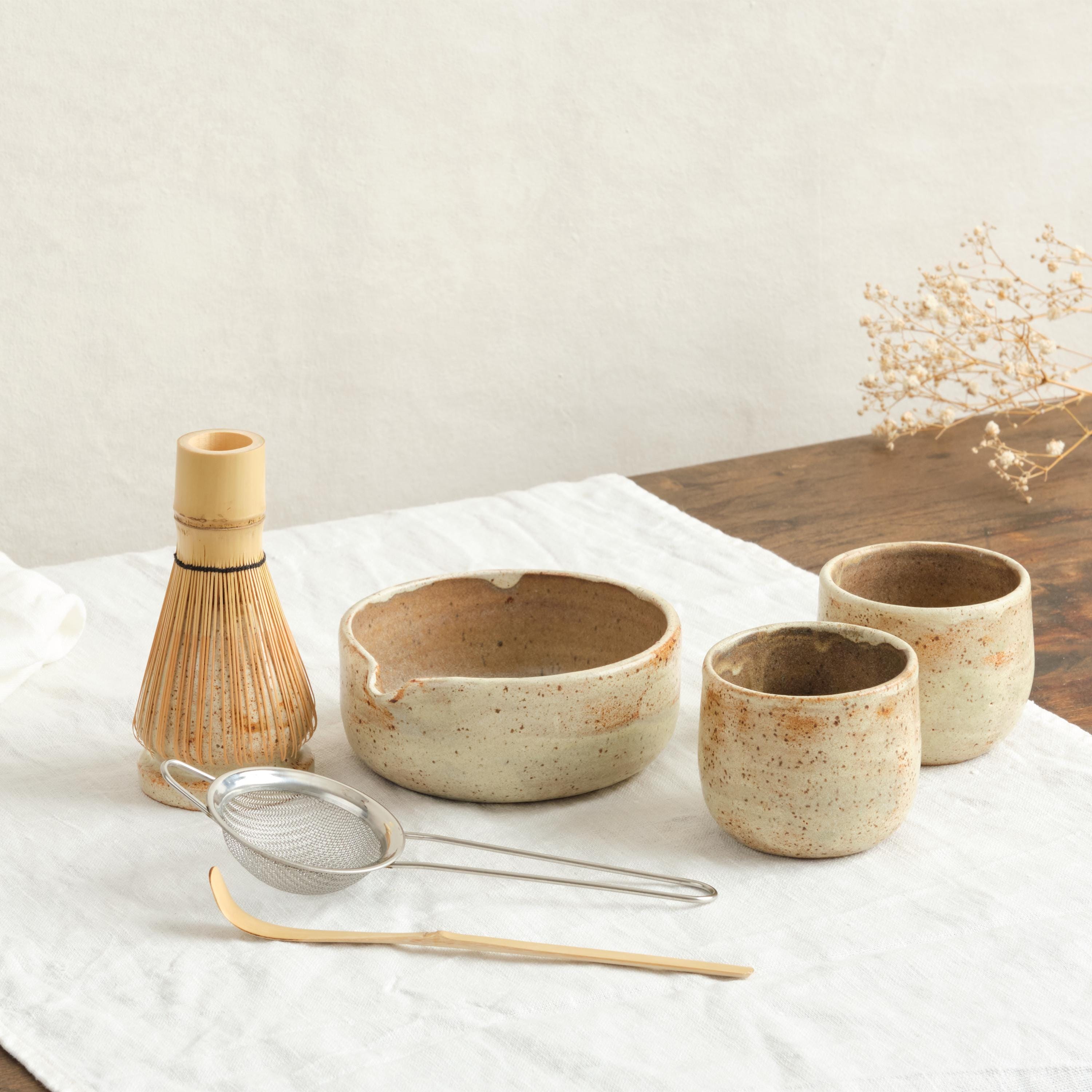 Speckled Stoneware Matcha Tea Set, Bowl With Spout, Whisk Holder