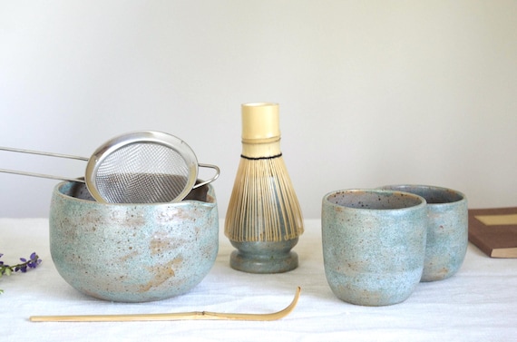 Ceramic matcha set for morning rituals matcha bowl with spout handmade tea kit with whisk japanese chawan for self care in greenish blue
