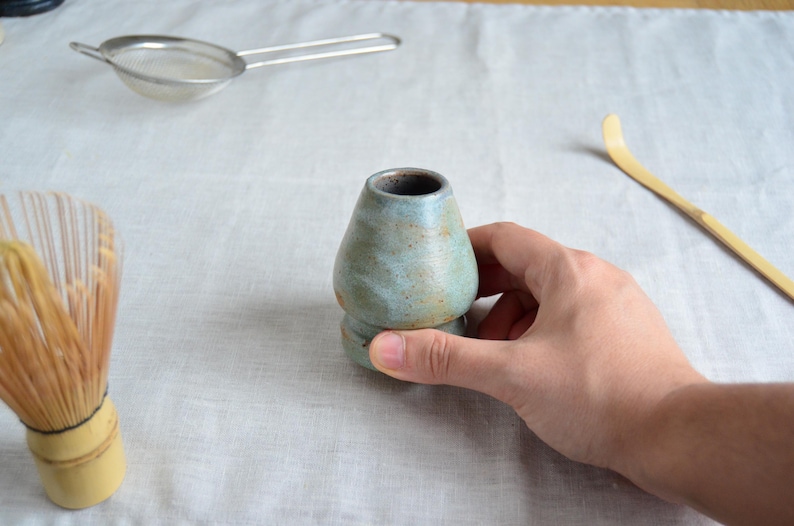 Ceramic matcha set for morning rituals matcha bowl with spout handmade tea kit with whisk japanese chawan for self care in greenish blue image 11