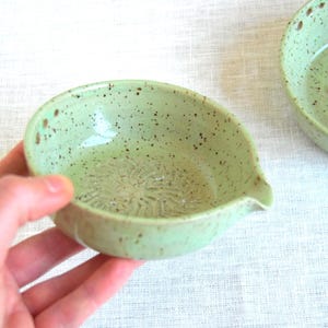 Ceramic garlic grater salad bowl handmade garlic prep plate in lime cream color herb stripper tool with spout for salad dressing and oil