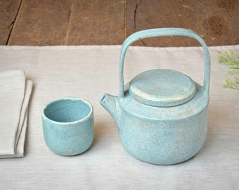 Blue Ceramic Tea Set, Handmade Teapot with Cup, Tea for Two