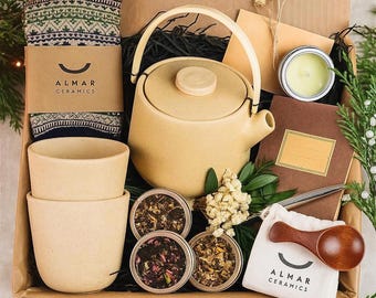 Tea gift box with handmade teapot ceramic tea cup and tea samples for tea gift set cozy vibes tea starter box gift tea kit holiday tea box